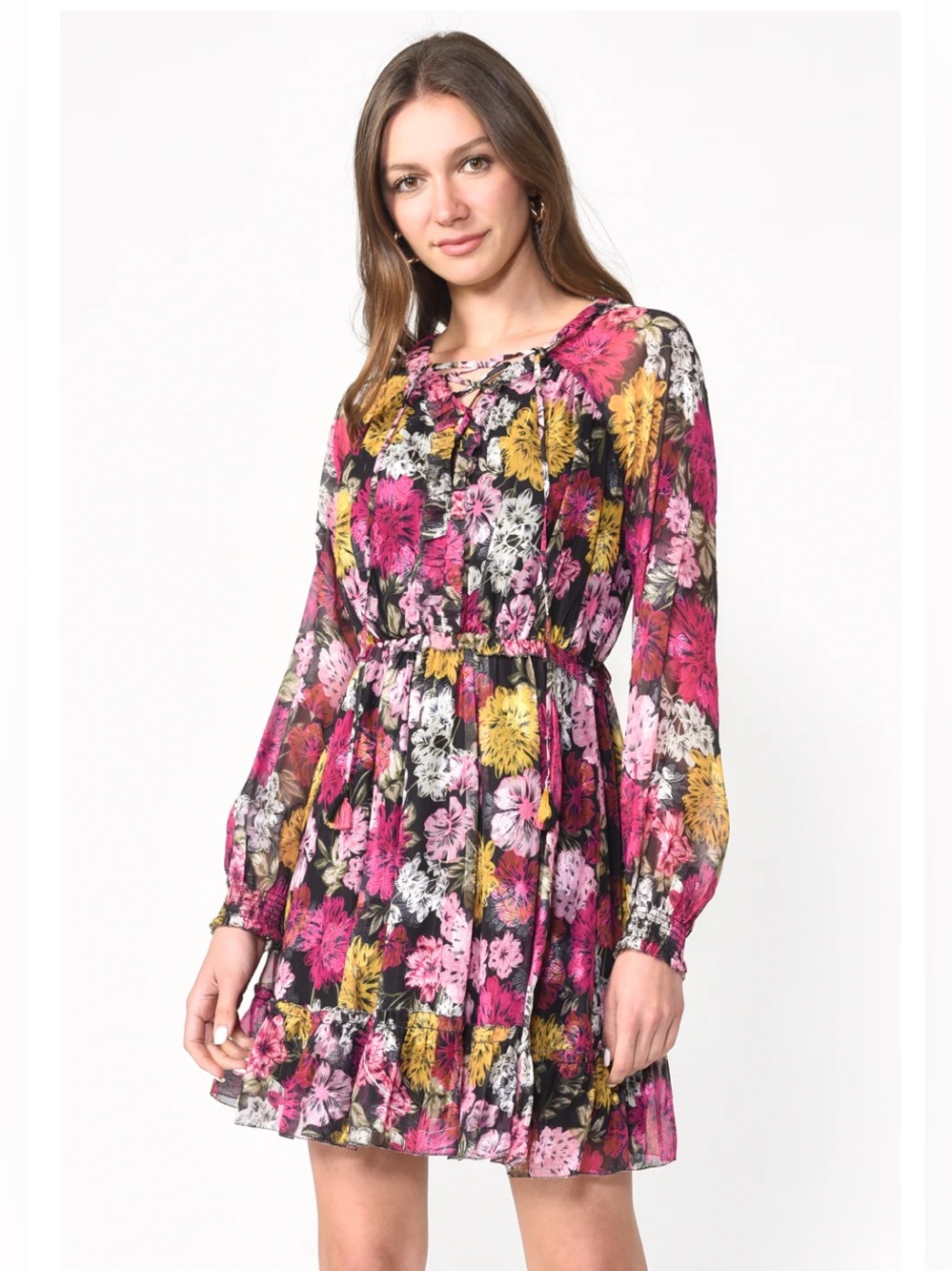 Adelyn Rae Black Floral Long-Sleeve Mini Dress with Pink & Yellow Blooms